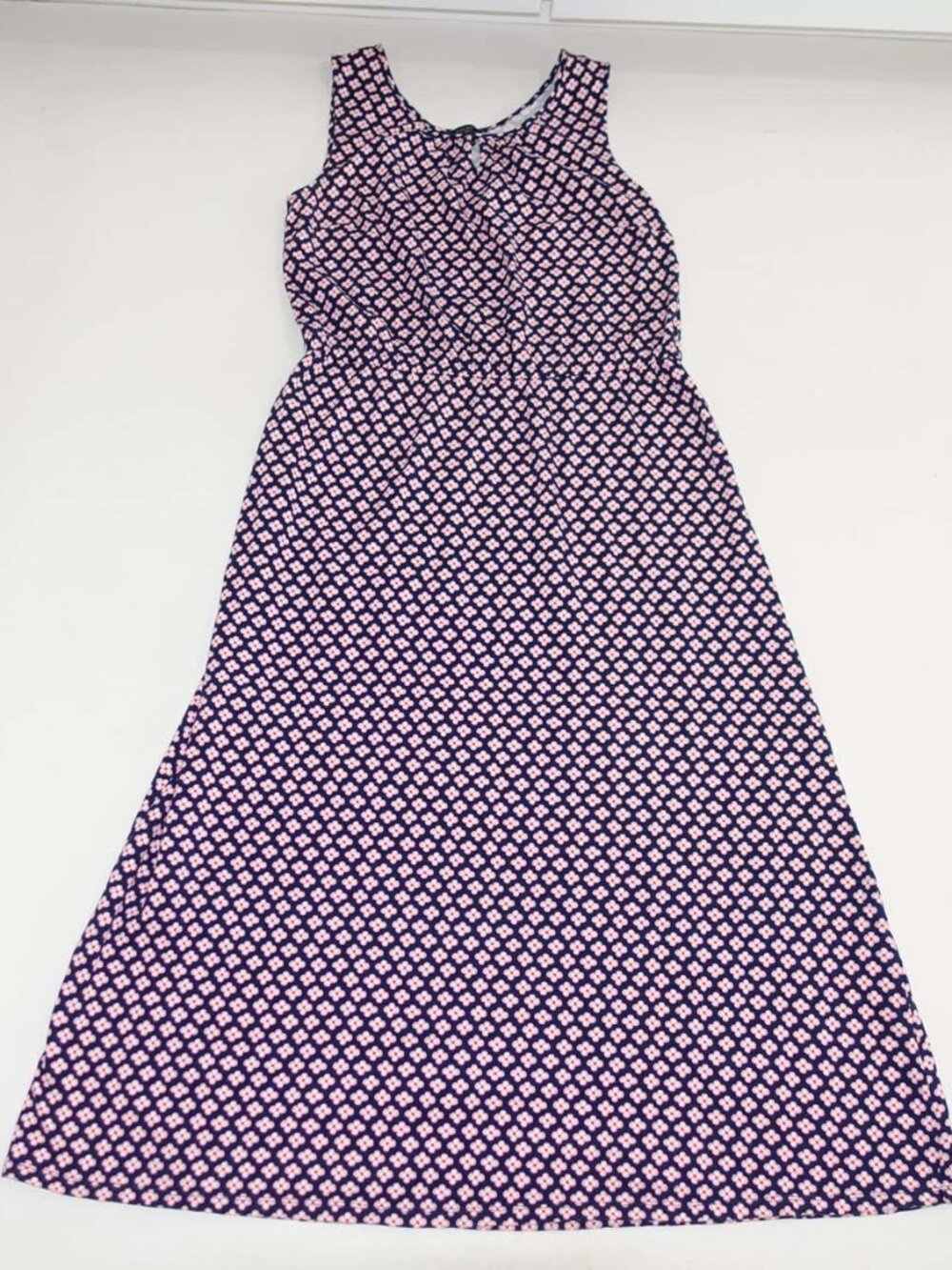 Talbots Women's Sleeveless Jersey Maxi Dress Petite Large Navy Blue Pink PL